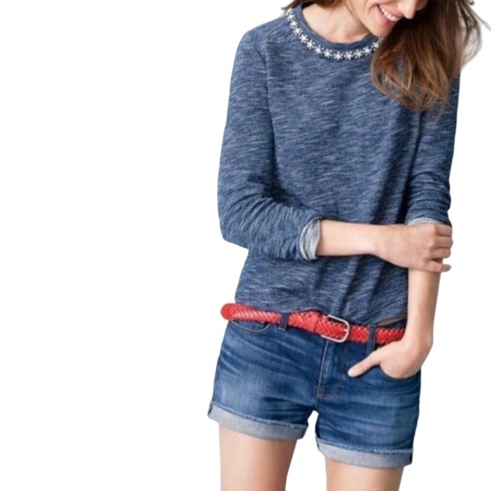 J. Crew Blue Marled Embellished Neckline Sweater Size XS